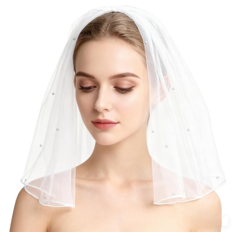 Nanchor Bridal Wedding Veil Short Communion Veils for Bachelorette Party with Rhinestone Comb Tulle 38cm/15â€White â€¦ - Image 1